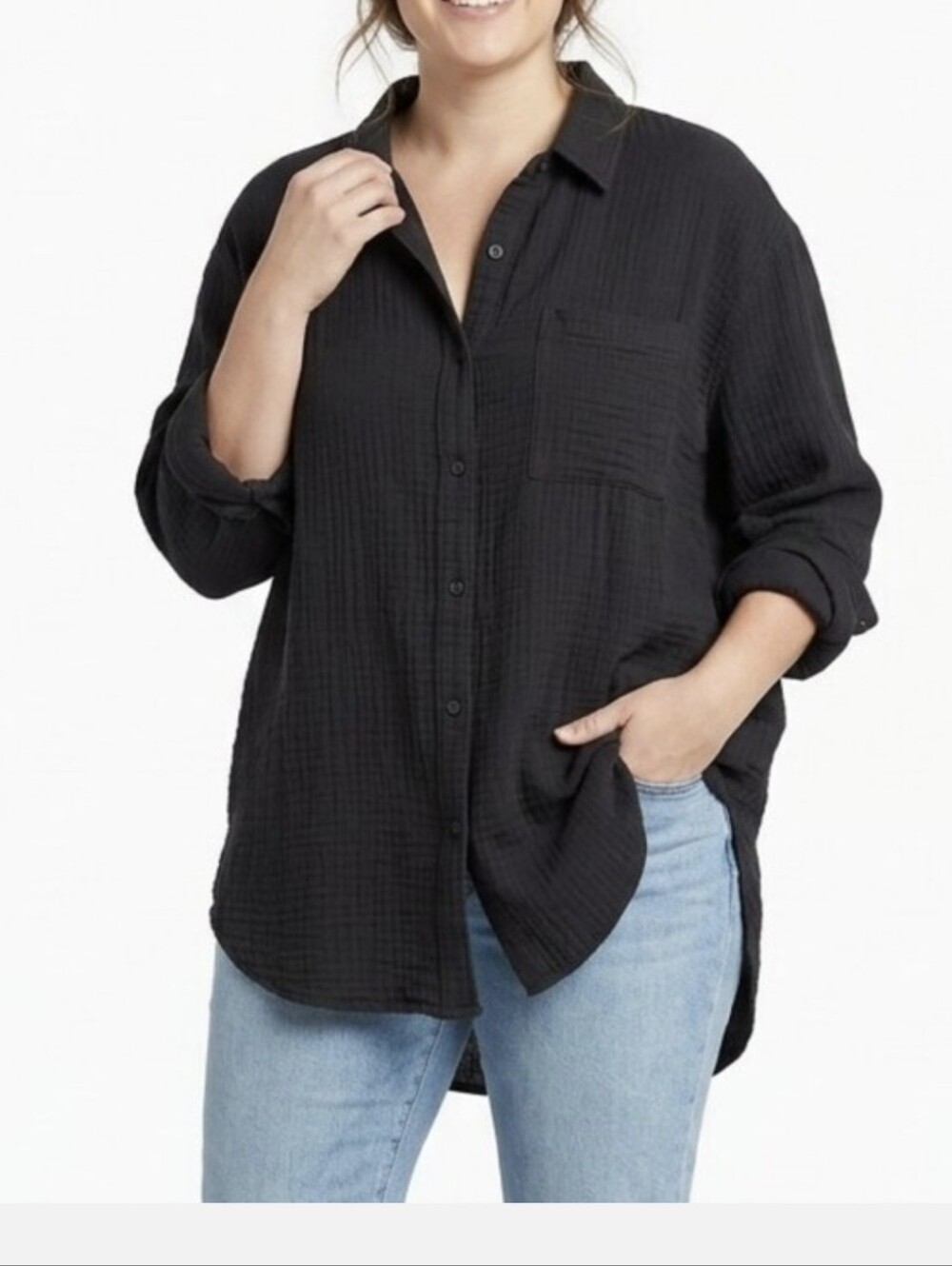 aerie Men's Black Crinkle Button-Down Shirt